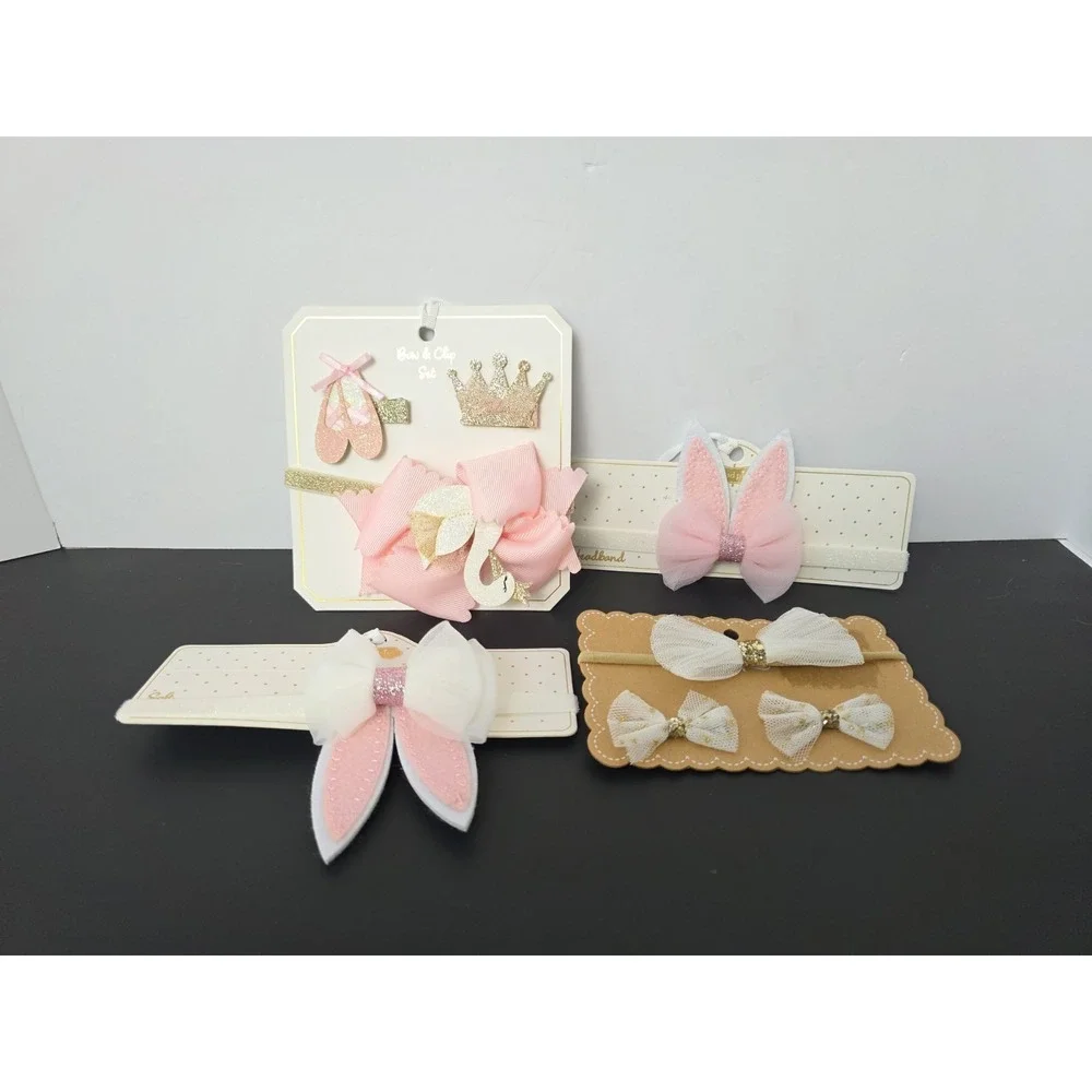 Mudpie baby bow headband‎ lot NEW white pink sparkle